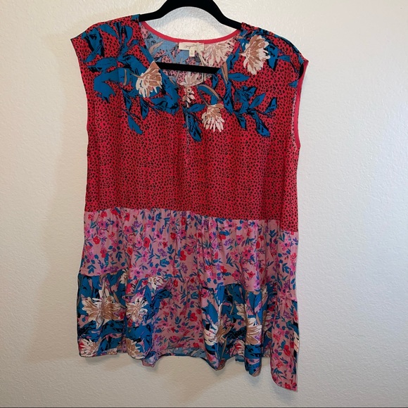 Mystree Red Turquoise Cheetah Floral Mixed Pattern Babydoll Rayon Keyhole Blouse - Picture 9 of 13